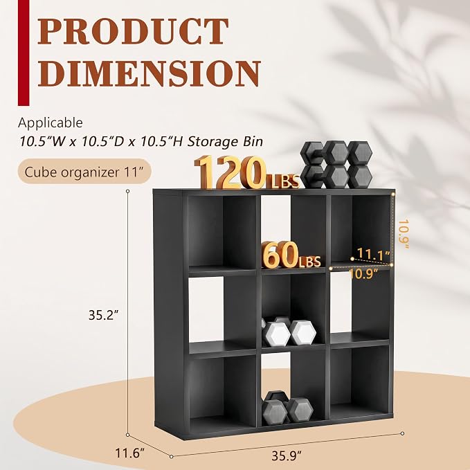 9 Cube Storage Organizer, Black Cube Bookshelf, Multifunctional Bookcase | Open Cube Bookshelf with Removable Back Panels, Vertical or Horizontal Easy Assembly for Home Office Bedroom Living Room