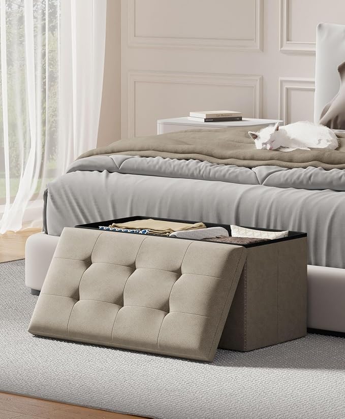 Folding Storage Ottoman Bench, Sandy Beige, 30 Inches | Multi-Functional Ottoman Foot Rest, End of Bed Bench, Storage Chest, Living Room, Bedroom, Hallway, Entryway, 600 lb Capacity