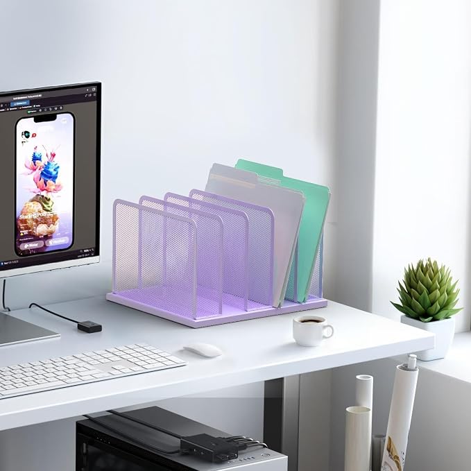 Kuntine.B 5-Section Upright Desk File Organizer Purple 1 Pack | Vertical, Mesh, Metal, Assembly, Stability, Sturdiness, Organization, Standing