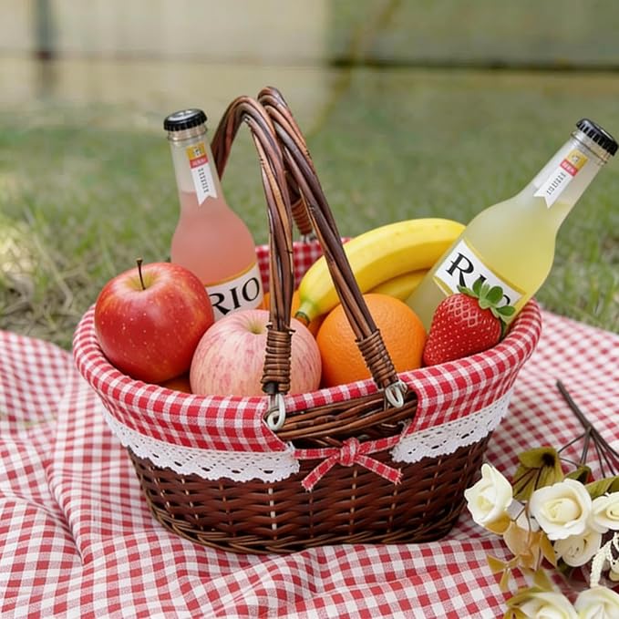 KINJOEK Wicker Woven Basket, Multipurpose Natural Willow Basket with Handle Premium Linen Cotton Cloth Lining for Storage and Decoration