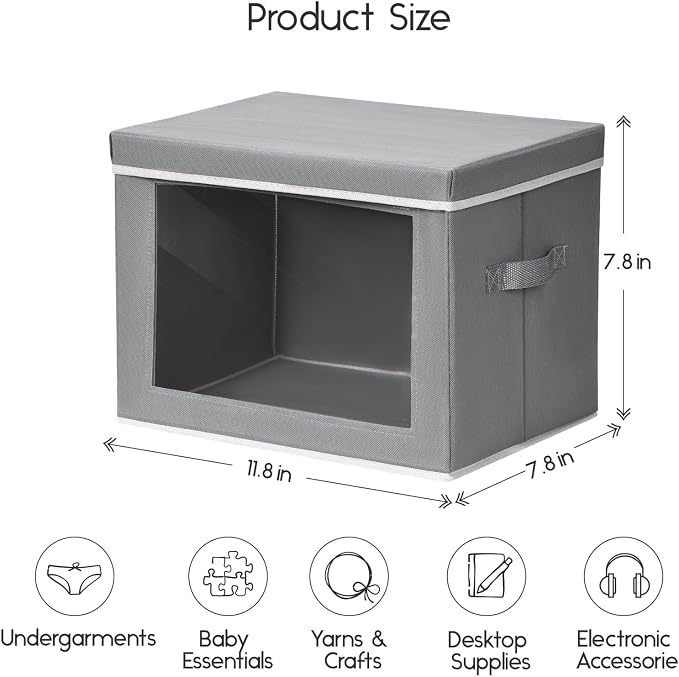 Homsorout Storage Bins with Lids - Small Fabric Organizers with Window, Collapsible Storage Bins for Clothes, Decorative Closet Organizers for Towels, Tshirt, 4 Pack, Grey
