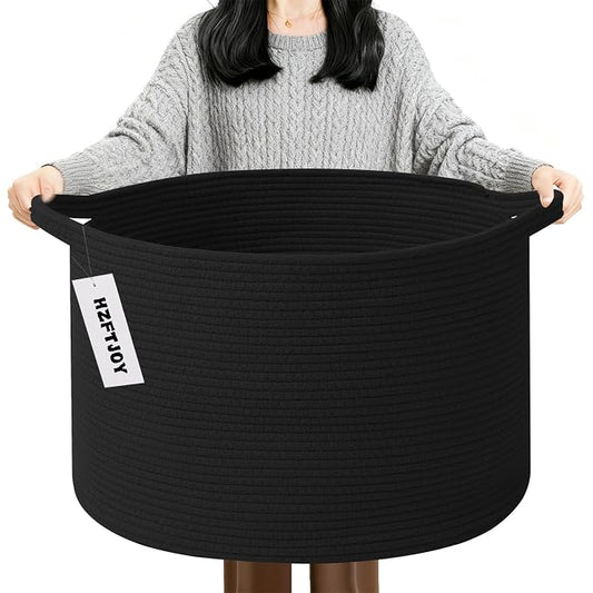90L Extra Large Blanket Basket,Woven Rope Laundry Basket-Black | Collapsible, reinforced handles, nursery storage bin organizes clothes, toys and pillows for living room, bedroom bathroom