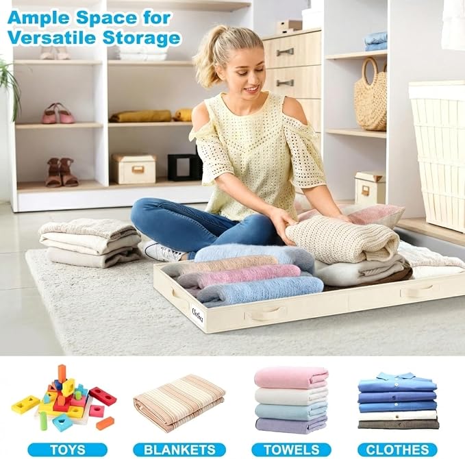 4 Inch Low Profile Under Bed Storage Drawer 2 Pack, Lightweight Underbed Clothes Storage Container Bins With NO STURCTURE, Shallow Storage Bag for Dorm & Home, With Clear Lids & Water-Resistant Fabric