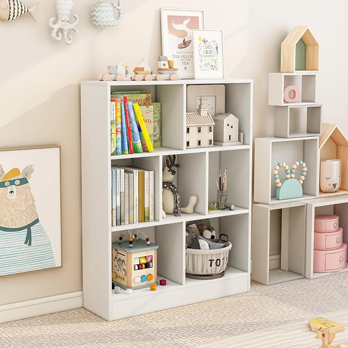 Giantex 7 Cube Bookcase, 4-Tier Freestanding Bookshelf w/ 7 Open Compartments, 2 Anti-Tipping Kits, Modern Display Cabinet, 41" Wood Cubby Storage Organizer for Living Room, Bedroom, White