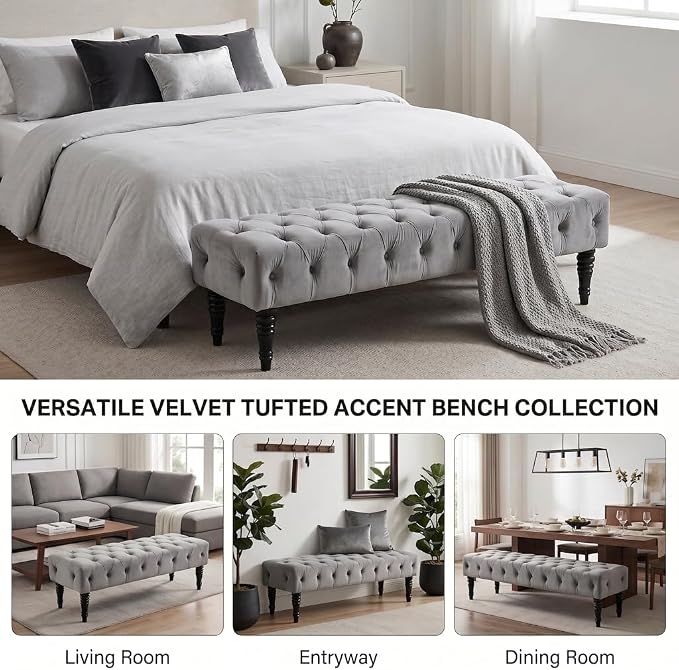 60" Accent Bench, Upholstered Tufted Ottoman Bench French Vintage Entryway Bench Corduroy Padded Benches for Entryway, Dining Room, Foyer, Living Room, Bedroom, Grey