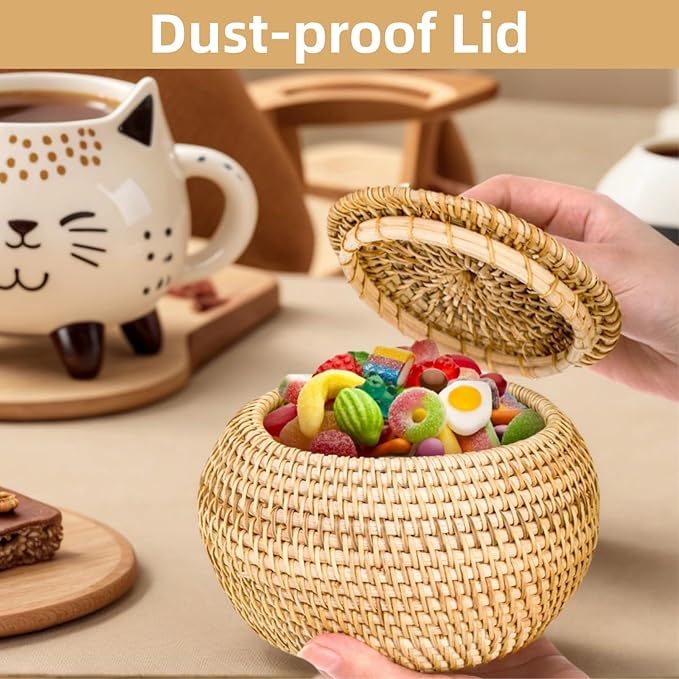 WRINGKIT Small Rattan Basket Box with Lid, Handmade Woven | Round Storage Basket, Multi-purpose Wicker Bowl, Decorative Farmhouse Basket Bin for Shelf, Home, Bathroom, Picnic