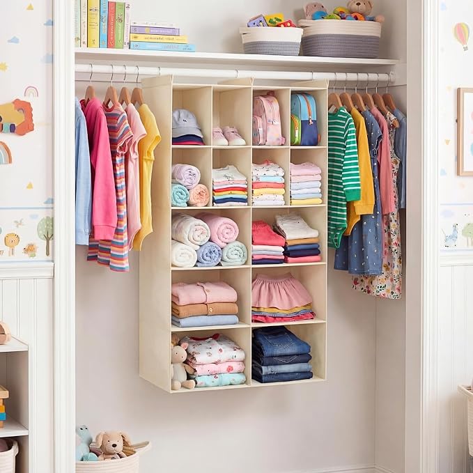 5 Tier Hanging Closet Organizer, 14 Compartments Dual Row Storage, Beige | Closet Organizers and Storage with Large & Small Pockets, 3 Sturdy Hooks Support Heavy Loads, Ideal for Dorm, Garment Rack