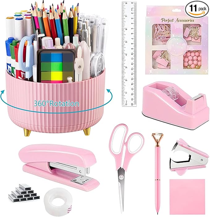 Office Supplies,School Supplies,Pink Desk Accessories,Desk Organizer,Scissors,Stapler,Tape Dispenser,Binder Clips,Staples,Staple Remover,Sticky Notes,Clear Tape,Pen,Ruler,Best Gift,11pcs