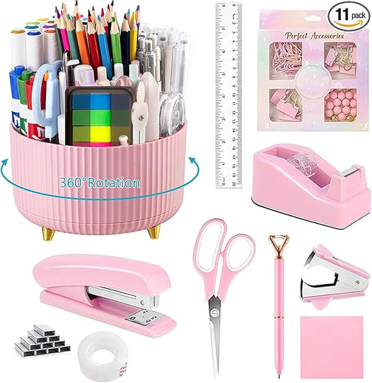 Office Supplies,School Supplies,Pink Desk Accessories,Desk Organizer,Scissors,Stapler,Tape Dispenser,Binder Clips,Staples,Staple Remover,Sticky Notes,Clear Tape,Pen,Ruler,Best Gift,11pcs