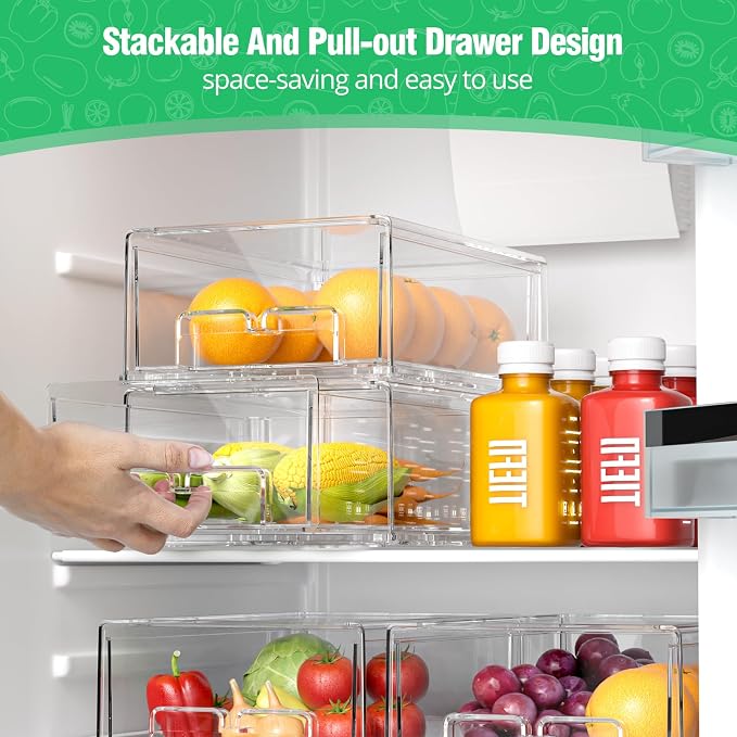 damynuo 2 Pack Refrigerator Drawers - Fridge Organizer Bins Stackable Storage Drawers, Clear Refrigerator Organizing Containers Pull Out Drawer for Fruit, Vegetable Storage and Keep Fresh