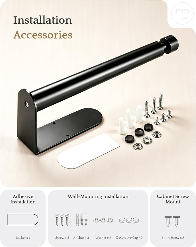 Paper Towel Holder Under Cabinet Adhesive or Drilling Matte Black | Drill Wall Mount or Adhesive, Easy Roll Loading, Heavy Duty, Stainless Steel Paper Towel Roll Rack for Kitchen, Bathroom
