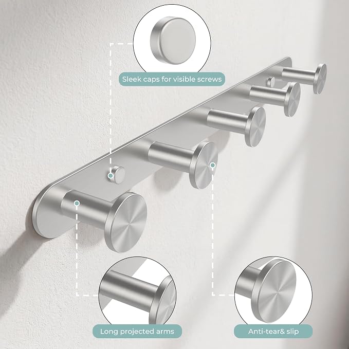 FORIOUS Hat Coat Rack Wall Mount, 5 Wall Hooks for Hanging Brushed Nickel | 304 Stainless Steel Hook Rack for Bags Keys Hats, Coat Racks for Bathroom Bedroom Entryway Kitchen Hotel, Space Saving