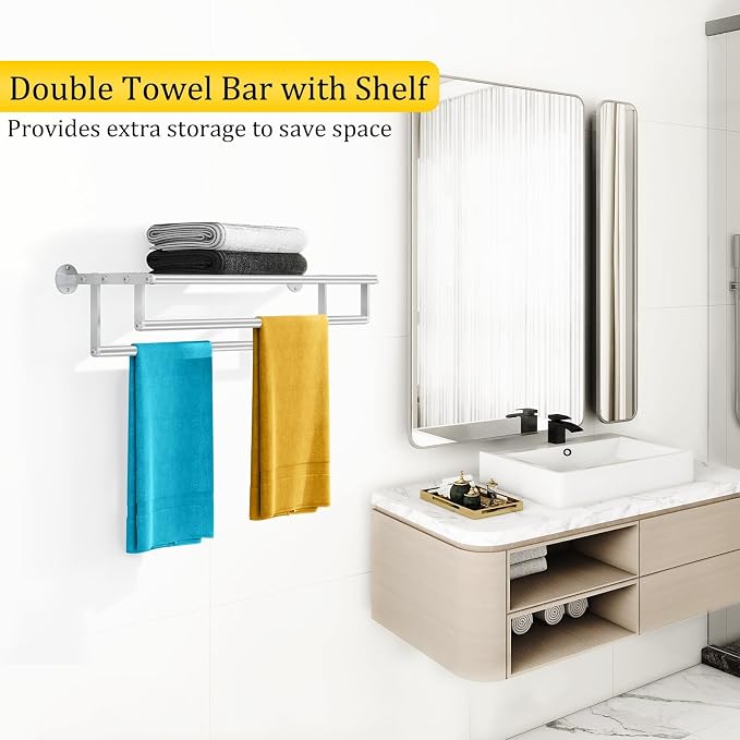 Double Towel Racks for Bathroom Towel Rack with Shelf, 24 Inch Double Towel Bars, Wall Mount Towel Holder for Bathroom Lavatory, Stainless Steel Towel Rod(Brushed Nickel)