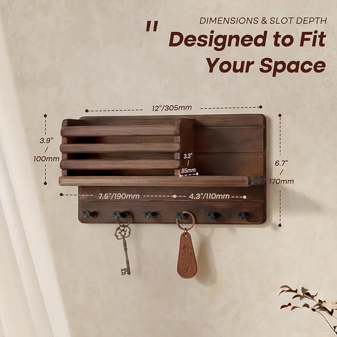 Rebee Vision Pine Wood Key Holder Wall Mount with Shelf for Entryway, Brown | Key Holder for Wall, 8 Key Hooks, Mail Organizer, Round Corner, Paper and Letter Storage, Key Hanger Apartment Aesthetic