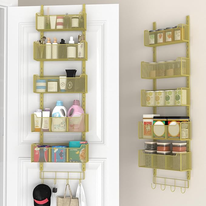 VyGrow Over The Door Organizer, Metal Door Organizer Hanging with 5 Adjustable Baskets and Coat Hook, Behind The Door Storage for Bedroom Closet Bathroom Pantry Cabinet Kitchen, Gold