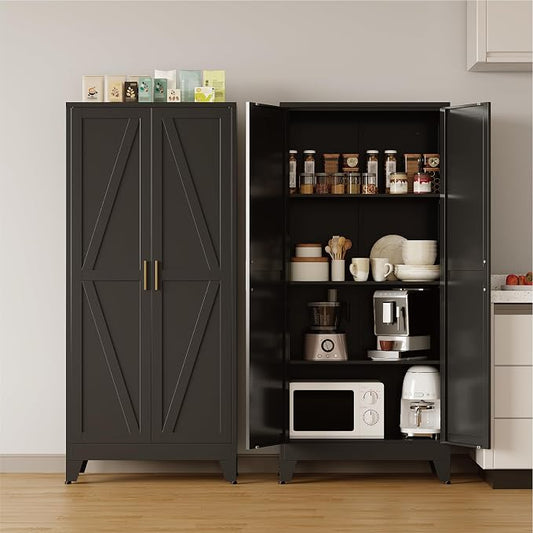 COFaR Metal Pantry Cabinet with Doors, Farmhouse 61'' Tall Storage Cabinet with 3 Adjustable Shelves, Kitchen Pantry Cabinet for Dinning Room, Garage, Laundry, Bathroom, Black 4-Tier