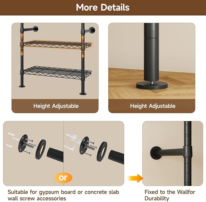 ONBRILL H4 Wall Mounted Closet System, Expandable Industrial Pipe Clothes Rack Clothing Rack for Hanging Clothes, Heavy Duty Closet Organizers and Storage in Wardrobe Closet