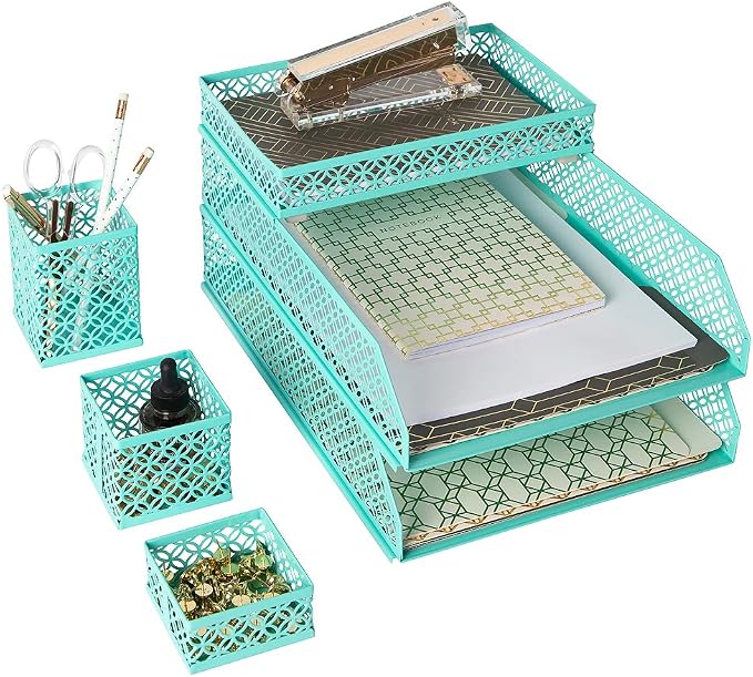 BLU MONACO | Aqua Desk Organizer Set for Women 6 Piece | Mail Sorter Organizer Countertop with Letter Sorter for Desk | Standing File Organizer with Mesh Pen Holders