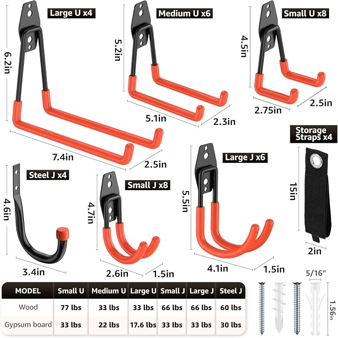 Heavy Duty Garage Hooks for Storage & Hanging Items, 40-Pack | for Hanging Bikes, Hoses, Ladders, Ropes, Garden Tools; for Garage, Warehouse, Yard, Shed