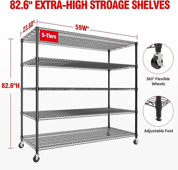 Garvee 3300LBS 5 Tier Metal Shelving with Wheels,82"H Storage Shelves,Black | 59"Wx23.6"D, Heavy-Duty 660 lbs Per Shelf, Adjustable Wire Shelving Units, Leveling Feet,for Garage Kitchen Warehouse