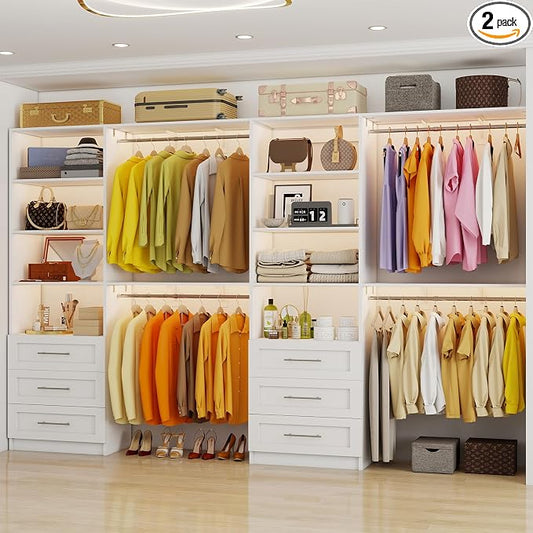 Closet System with 6 Wood Drawers, 6-12FT Closet Organizer System with Cuttable Shelves for Walk in Closet with 6 Expandable Hanging Rods, Heavy Duty Built-in Closet for Bedroom, White