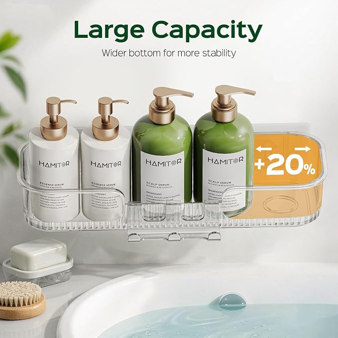 HAMITOR Adhesive Shower Caddy for Bathroom：2 Pack Clear Bath Shelves No Drilling for Modern Renters & Home Decor - Rustproof Acrylic Shower Organizer for Bathroom Storage