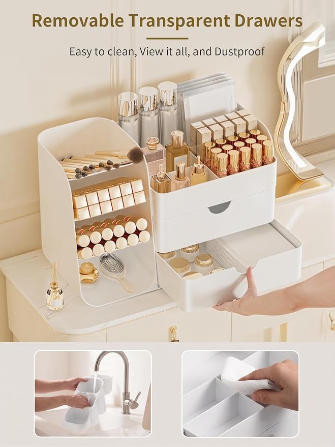 Booklov Small Makeup Organizer for Vanity Countertop, White | Plastic Cosmetic Display Case with Drawers, Beauty Brush Holder for Bathroom Counter, Skin Care Perfumes Storage