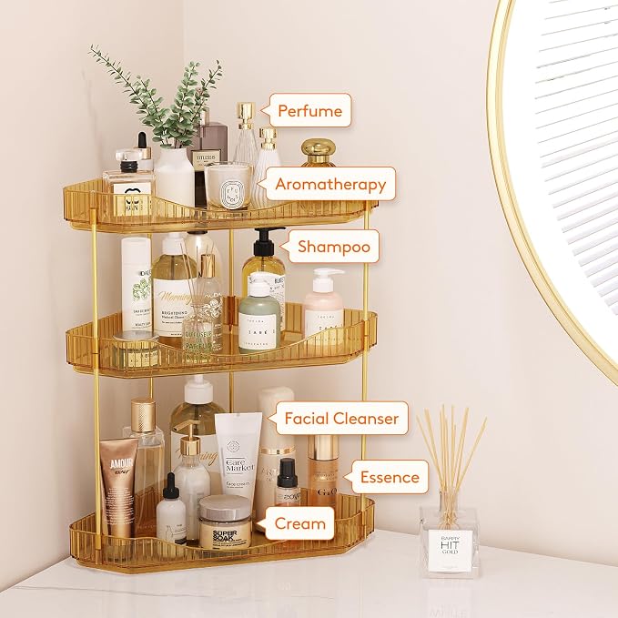 Lifewit 3 Tier Corner Bathroom Counter Organizers and Storage, Golden | Plastic Makeup Skincare Organizers Countertop, Large Sink Cosmetic Perfume Shelf for Bedroom, Dresser, Kitchen, Vanity