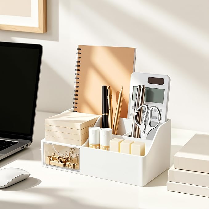 HBlife Acrylic Desk Organizer with Drawer, Pen & Pencil Holder, Multifunctional Desktop Caddy for Office Supply and Organization
