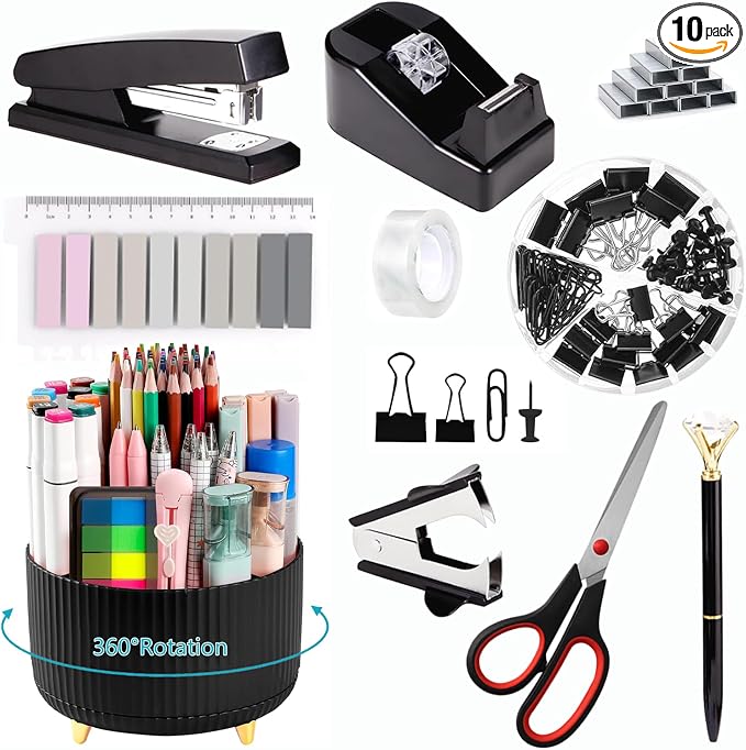 Office Supplies,Black Desk Accessories,Office Supplies Set,Desk Organizer,Stapler,Tape Dispenser,Scissors,Staple Remover,Binder Clips,Staples,Ballpoint Pen,Index Tabs with Ruler,Clear Tape.10pcs