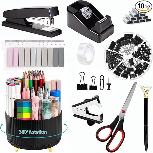 Office Supplies,Black Desk Accessories,Office Supplies Set,Desk Organizer,Stapler,Tape Dispenser,Scissors,Staple Remover,Binder Clips,Staples,Ballpoint Pen,Index Tabs with Ruler,Clear Tape.10pcs