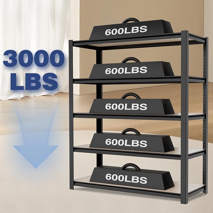 WORKPRO 5-Tier Black Shelving with Board, 48”W x 24”D x 72”H, 3000LBS Load | Adjustable, Heavy Duty, 3000lbs, Boltless Shelving for Kitchen, Living Room, Garage