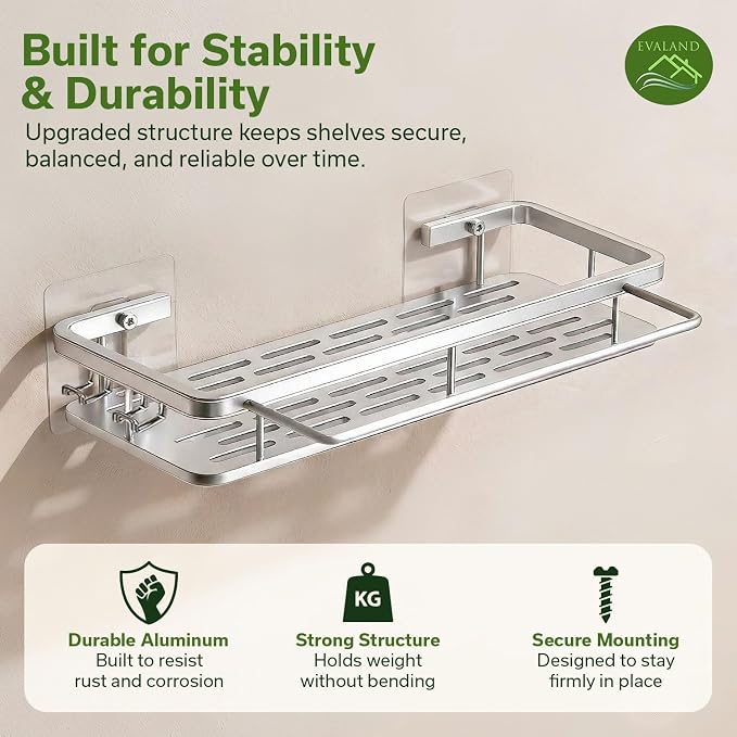 EVALAND Self Adhesive Shower Caddy Organizer 2-Pack No-Drill Storage | Hooks and Rod for Towels, Shower Shelves for Inside Shower, Bathtub Shelf, Rustproof, Rack, Easy Installation, Sturdy