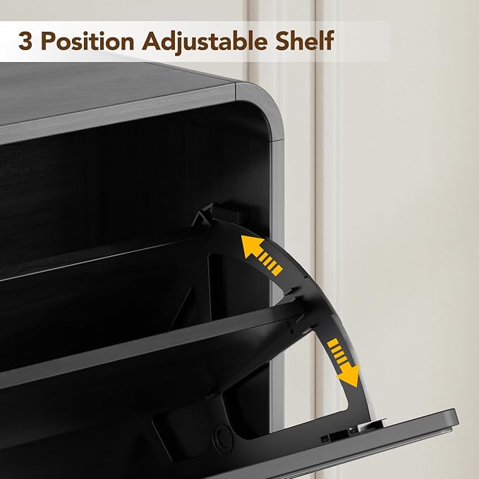 Decofy Shoe Cabinet with 2 Flip Drawers, Expanded Panel for Long Footwear, Freestanding Shoe Storage Cabinet with 3-Gear Adjustable Shelves, Narrow Shoe Cabinets for Entryway, Solid Wood Legs, Balck | 31.5''W; Wider Panel; 2 Flip-Down Drawers; Adjustab...
