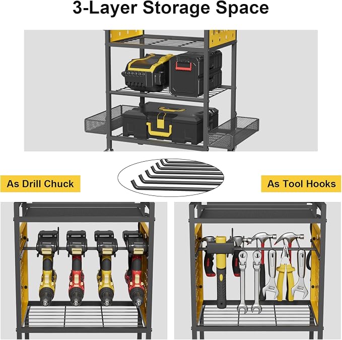 Power Tool Organizer Cart with Charging Station, Heavy Duty Garage Tool Organizer Rolling Tool Battery Storage with 8-Outlet Power Strip, a 6.5-FT Cord,4 Wheels, 2 Hanging Baskets, Hooks ,Yellow