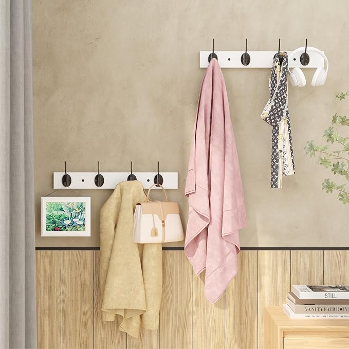 VERTORGAN 2 Pack Wall Mounted Wooden Hat Rack,4 Hooks Entryway(White) | Wood Coat Hooks,Wall Hooks for Hanging,Hat Rack Bag Hanger Key Holder for Wall,Purse Hanger Towel Racks for Bathroom