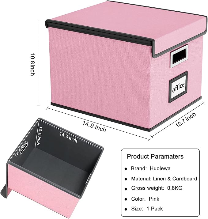 File Organizer Box with Lids, Collapsible File Folder Organizer | File Box with Plastic Slides for Office Document Storage, Filing Bin for Letter Size Hanging File Folders (1 Pack, Pink)
