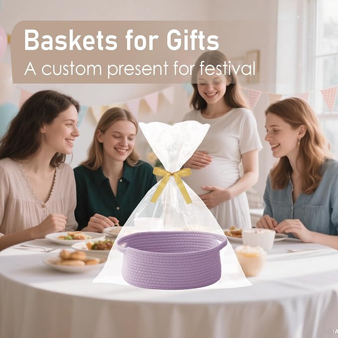 JMvicyroam Small Woven Basket, Empty Gift Basket, Purple/1 Pack | Small Gift Basket, Cotton Rope, 12 x 8 x 45 in, Handles, Includes Ribbon and Bag, Birthday Gift Basket