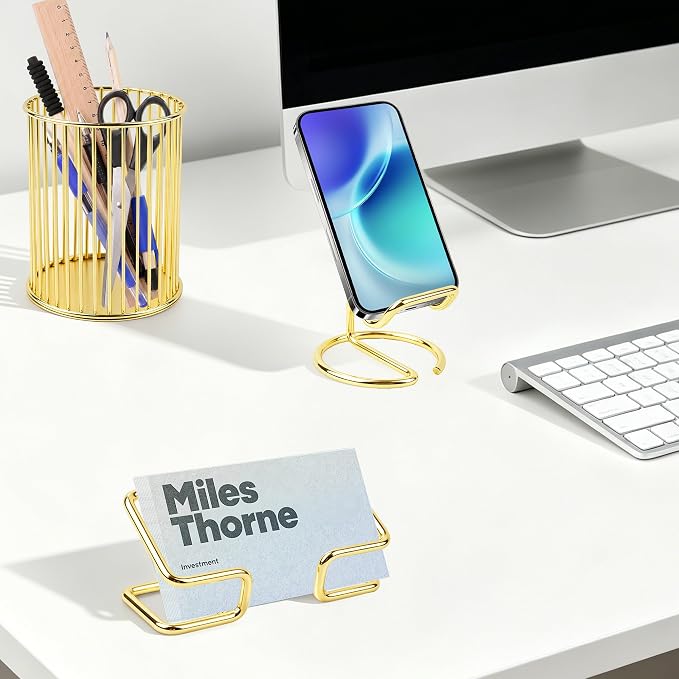 Gold Desk Accessories Set 3-in-1: Metal Business Card Holder & Pen Cup,Cell Phone Stand - Aesthetic Office Decor for Women - Metal Pencil Holder & Phone Holder for Desk Organizer