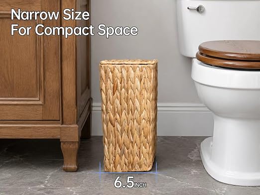Coeusy 3 Gallon Wicker Trash Can,Small Bathroom Trash Can with Lid,Natural Water Hyacinth Wicker Waste Basket for Bedroom,Toilet,Narrow Garbage Can with Removable Liner