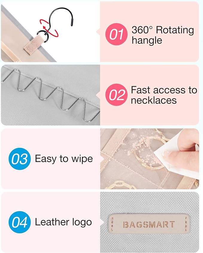 BAGSMART Hanging Jewelry Organizer Necklace/Earring/Ring 2-Sided L Grey | Jewelry Holder Organizer Storage with Hanger Metal Hooks Double-Sided Jewelry Holder on Closet, Wall, Door