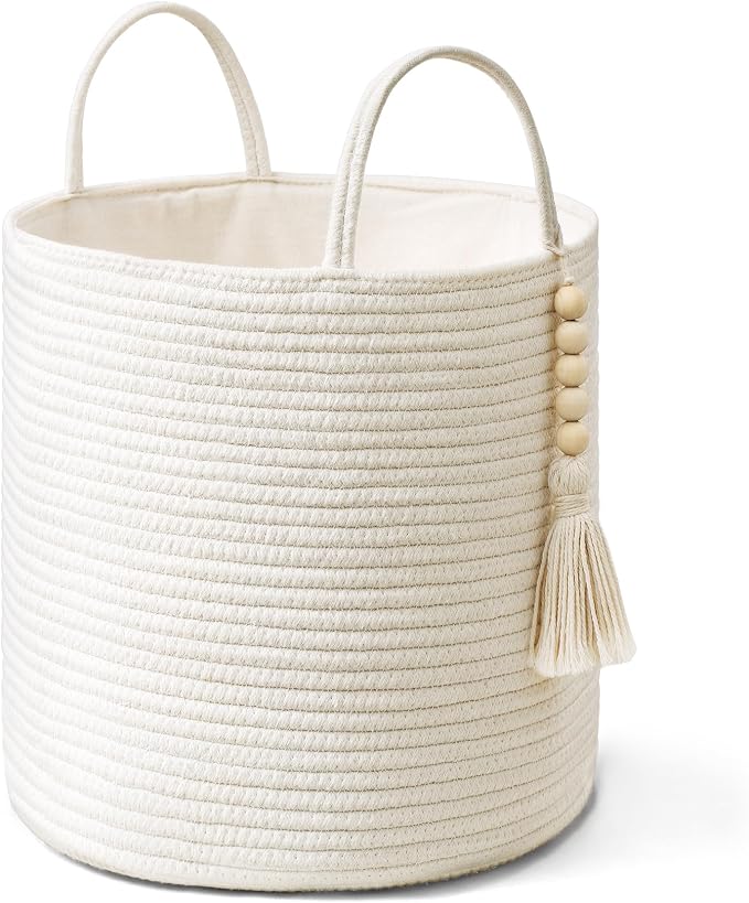 Mkono Woven Storage Basket with Handles Decorative Cotton Rope Basket Wooden Bead Decoration for Blankets,Toys,Clothes,Living Room Home Decor, 11", White | White, Cotton, Decorative Basket with Handle, Wood Beads Tassel, Shoes Towel Clothes Storage Bin...