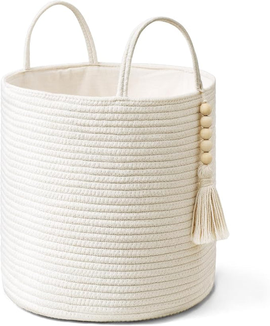 Mkono Woven Storage Basket with Handles Decorative Cotton Rope Basket Wooden Bead Decoration for Blankets,Toys,Clothes,Living Room Home Decor, 11", White | White, Cotton, Decorative Basket with Handle, Wood Beads Tassel, Shoes Towel Clothes Storage Bin...