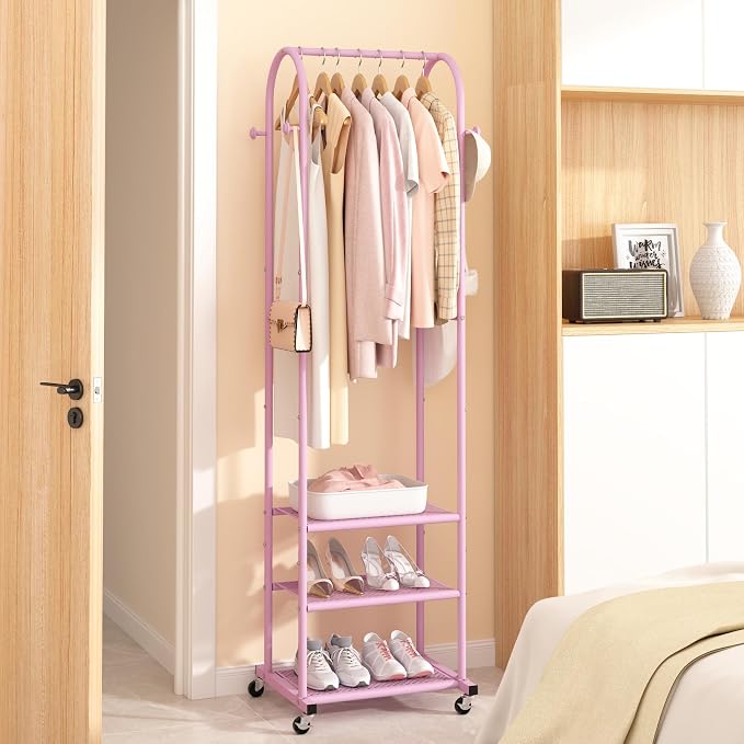 Kaitiemoo Clothing Rack, Mobile Garment Rack with Wheels & 3 Shelves, pink | Heavy Duty Frame, Fits Small Spaces, 71.8 Inches Display Rack, Easy to install, pink clothes rack