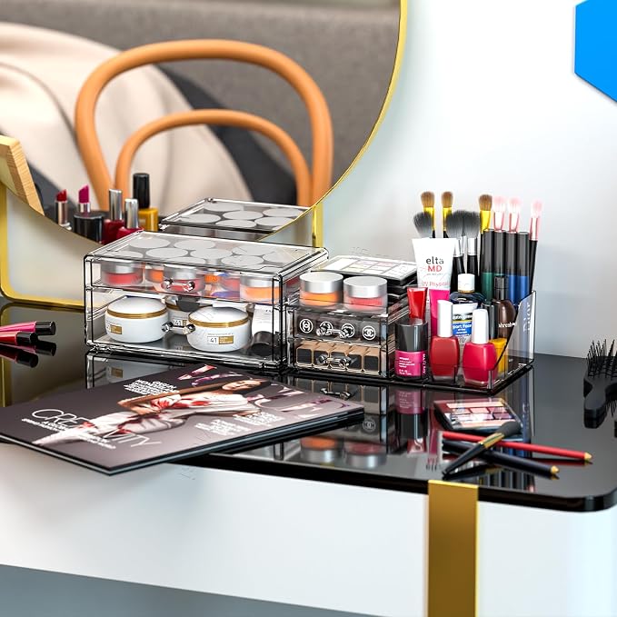 Small Make up Organizers and Storage with 4 Drawers,Clear Skincare Organizers,Cosmetic Storage for Dresser Top Organizer,Bathroom,Vanity,Countertop Makeup Organizers for Skin Care and Beauty Organizer