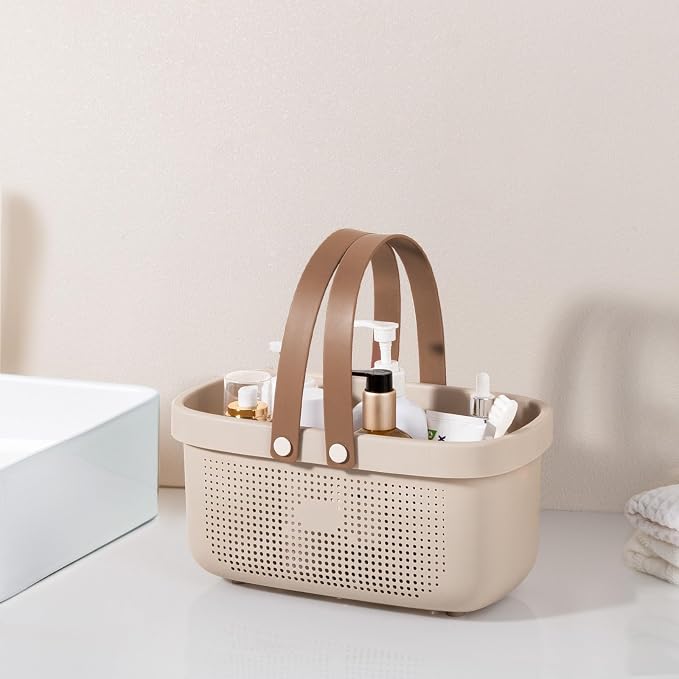 JiatuA Plastic Storage Basket with Handle Portable Shower Caddy Tote Organizer Basket Bin for Bathroom Kitchen Dorm Room Bedroom, Beige