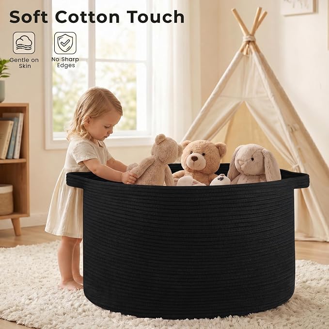 OIAHOMY 90L Extra Large Blanket Basket - Decorative Cotton Rope Storage Basket for Bedroom, Living Room & Nursery - Woven Laundry Hamper for Organizing Blankets, Clothes & Toys - Black