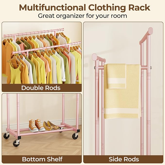 HYSEYY Double Rods Clothes Rack, Sturdy Rolling Clothing Rack, Portable Clothing Racks for Hanging Clothes - Metal Garment Rack Wardrobe Coat Rack for Bedroom Laundry Living Room, Pink