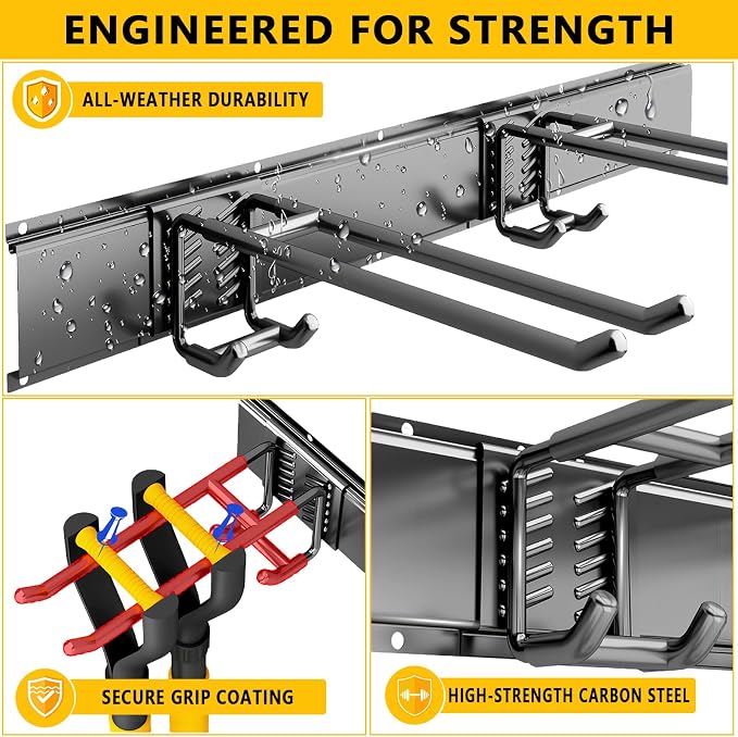 Garage Tool Organizer Wall Mount, 48inch Heavy-Duty Garage Storage System and Garden Tool Organizer with 7 Adjustable Hooks for Shovel, Snowboard, Yard Tools and Shed