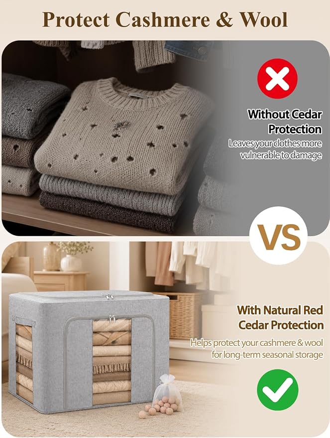 punemi 50L Cashmere Sweater Storage Bag with Steel Frame, 1 Pack, Grey | Natural Cedar Balls Included, Clear Window, for Cashmere, Wool Sweaters & Knitwear, Closet & Bedroom Storage